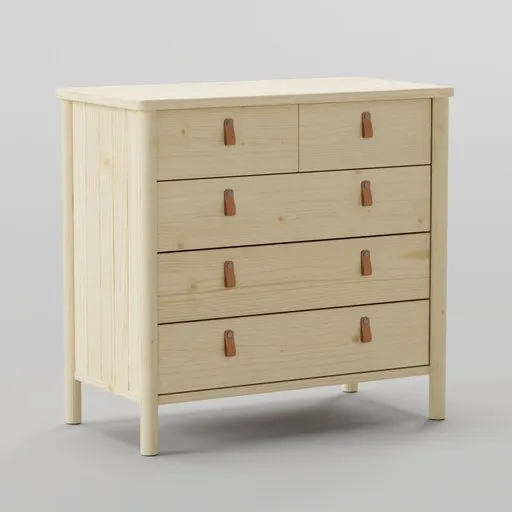 Highly detailed Blender 3D model featuring a light wood texture with five drawers and leather pull handles.