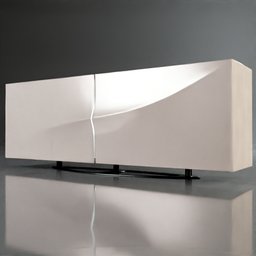 "Speed Up Sideboard: White entertainment center with sleek black base and thermo-formed sliding doors, illuminated for a modern touch. Fluid and dynamic sculptural elements add visual interest. Created using Blender 3D."