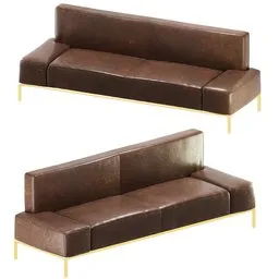"Horizontal brown leather sofa with brass legs and crosspieces, created using Blender 3D software. Features rounded corners and polished metallic details for added elegance and style. Comfortable and practical, ideal for any living space."