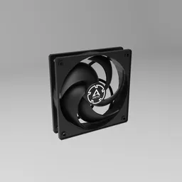 "Arctic P12 PWM 120x120x25mm 3D model for Blender 3D - Close-up of a fan on a gray surface with a glossy design. Ideal for components hardware enthusiasts, this miniature product photo features a black interface and is inspired by the acclaimed designer, John Armstrong."