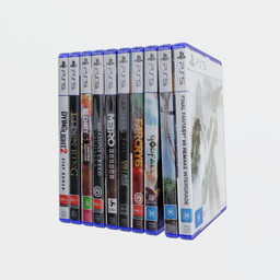 "PS5 games collection on white surface - Product design render with squared border and Blu-ray covers lined up horizontally. Highly rendered video game package covers produced by Sony, ideal for ecommerce and retail design. Category: Industrial Exterior. Created with Blender 3D software."