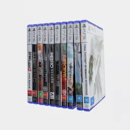 "PS5 games collection on white surface - Product design render with squared border and Blu-ray covers lined up horizontally. Highly rendered video game package covers produced by Sony, ideal for ecommerce and retail design. Category: Industrial Exterior. Created with Blender 3D software."