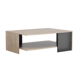 Modern 3D coffee table model with wood finish and shelf, designed for Blender rendering and animation.