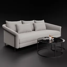 3D-rendered elegant three-seater fabric sofa with matching coffee table, designed for Blender 3D visualization.