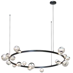 "Black Glass Bubble Chandelier: A stunning, highly detailed 3D model for Blender 3D, featuring a large circular light fixture with realistic black glass balls. This unique design by Nassos Daphnis adds a touch of elegance to any space. Perfect for home, life, or beach-themed designs. Available on homary.com."