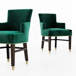 Elegant 3D-rendered green velvet dining chairs with wooden legs and golden accents for Blender modeling.
