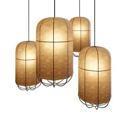 Elegant 3D-rendered pendant light fixtures with warm glow and sleek metal accents for Blender design projects.