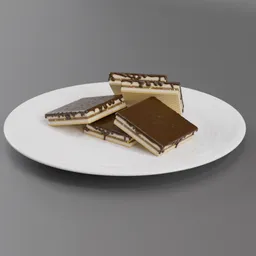 Realistic 3D model of chocolate biscuits on plate, high-quality texture, Blender rendering.