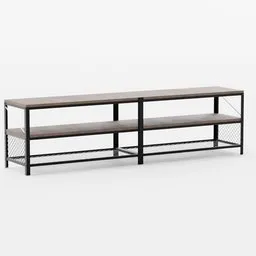 "Industrial style TV cabinet 3D model made with Blender 3D. The wooden and metal shelf features two shelves and a sleek design, with dark grey and orange colors. Created in 2019 by fgnr, this model is perfect for any modern living room."