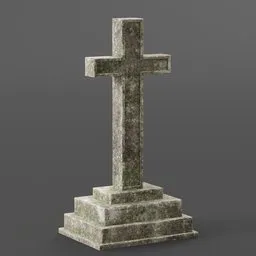 "Realistic 3D model of a stone gravestone with moss growing on a pedestal, ideal for graveyard scenes in Blender 3D. This untextured model features a cross and evokes a sense of remembrance. Perfect for creating monuments and tomb scenes, with a 16:9 ratio and 3D cell shaded design."