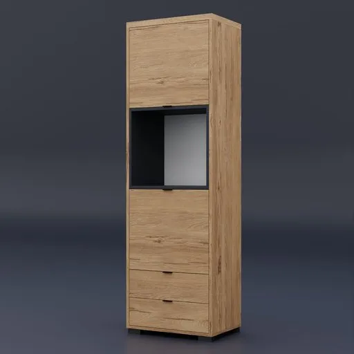 Modern wooden 3D commode model with open shelf and drawers designed for Blender rendering.