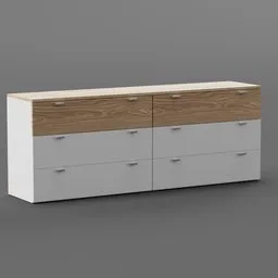 "Discover the 'Belle G' 3D model - a sleek and stylish white and wood dresser with drawers, perfect for interior designers seeking Scandinavian-inspired furniture. This professionally designed product render features rounded lines, a neutral color palette, and a 3/4 side view. Get ready to enhance your Blender 3D projects with this impeccably crafted piece from Jysk."