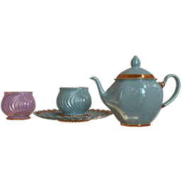 "Three-piece tea set in colored glass, including a kettle, sugar basins and plate/saucer, created in Blender 3D. Perfect for adding a touch of elegance to any 3D scene. Rated and ready to enjoy."