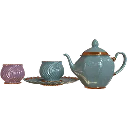 "Three-piece tea set in colored glass, including a kettle, sugar basins and plate/saucer, created in Blender 3D. Perfect for adding a touch of elegance to any 3D scene. Rated and ready to enjoy."