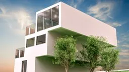 Modern three-tiered stair-shaped villa 3D model with large windows, designed in Blender.
