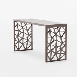 3D model of a stylish wooden console table with intricate geometric side panels for interior design in Blender.