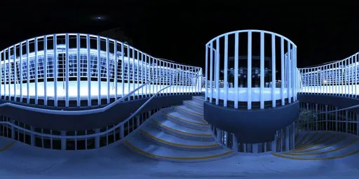 Illuminated urban stairs with blue metallic floor HDR for realistic lighting in 3D scenes.