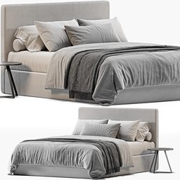 "Upgrade your bedroom with the Bed Lema SEMILLON 3D model for Blender 3D. This stunning grey bed features a headboard and pillows with sleek design, inspired by Bernardo Daddi and Constant. Rendered with checkmate and minimalissimo, the model also includes front, back, and side views, and is unwarp enabled."