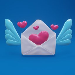 "Stylized 3D render of a heart envelope with blue wings delivering love and mercy. 3D character model with soft curvy shape, featuring blue and cyan colors. Ideal for use on art station, as a Telegram sticker or in Unreal Engine renders."