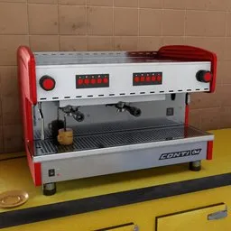 Detailed Blender 3D render of a retro-style espresso coffee machine with red and silver accents.