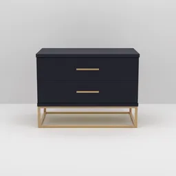 Detailed 3D model of a modern navy bedside cabinet with brass handles, ideal for interior design visualizations in Blender.