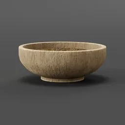 Textured 3D rendering of a wooden bowl with dried plants, perfect for Blender period scene props.