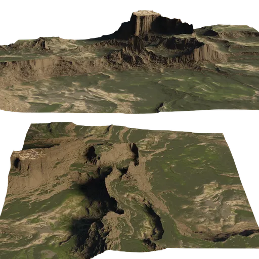 Detailed 3D rendered landscape, cliffs and valleys with 4K textures, compatible with Blender.