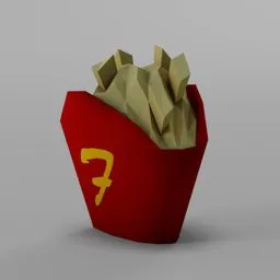 Stylized low poly 3D model of French fries, suitable for Blender rendering and game assets.