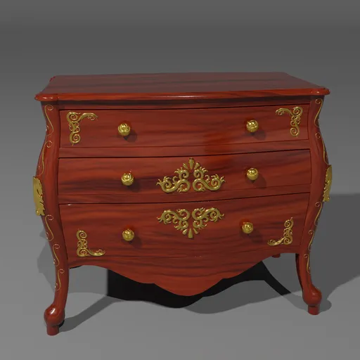 Detailed 3D Rococo-style dresser with golden trim, modeled in Blender, perfect for adding a classic touch to virtual scenes.