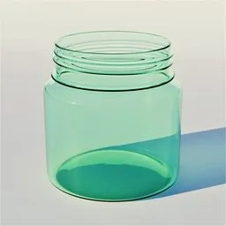 "Green glass mason jar with lid on a table, rendered in Blender 3D. This 3D model showcases a simple and bold design with a greenish lighting effect. Perfect for retail design and visualization projects."