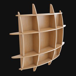 "Game-ready wooden bookcase with multiple shelves and a curved build designed for Blender 3D software, perfect for RPG item renders and various angles. Rendered using the Cycles engine, featuring no distortion on subject faces and a sharp nose with rounded edges, this model is ideal for 3D design projects."