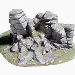 "Photo-scanned Dartmoor rock formation 3D model for Blender, depicting detailed terrain texture and stone formations. Inspired by John Blanche and featuring a small statue of a man and woman sitting on a rock, this high-quality landscape model is perfect for any Blender project."