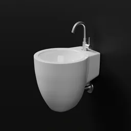 "High-quality 3D model of a Flush 6 hand basin for Blender 3D. This wash basin is perfect for interior visualizations, featuring a smooth white sink on a black wall with dynamic curves and a watertank. Inspired by Julius Hatofsky, the detailed and symmetrical face has no anomalies, and the untextured render showcases its high-quality craftsmanship."