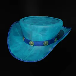 "Rendered in Unreal 5, this Noble Leather Hat is a stunning piece of headwear. Featuring lively irregular edges and vivid realistic colors, the hat is made of old pattern aqua and ocean leather with a blue band and 9 lucky coins for the ultimate lucky charm."