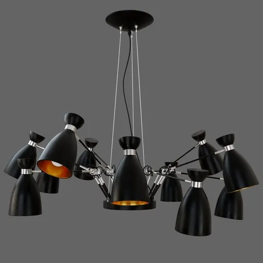 Adjustable 12-branch vintage-style 3D chandelier model with a sleek industrial-contemporary blend for interior design in Blender.