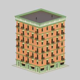 Detailed Blender 3D model of an orange multi-story building created with geometry nodes, showcasing intricate balconies and a green roof.