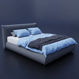 "3D model of a bed with a blue comforter, blanket, and pillows. Created in Blender 3D software. Perfect for your virtual furniture designs and game scenes in Unreal Engine 5. Detailed and inspired by Jesper Myrfors, this physically-based render showcases realistic textures without tiling. Get this trending 3D model from BlenderKit's bed category for your next project!"