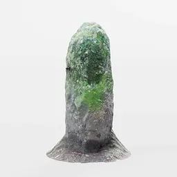 Photo-realistic 3D moss covered monolith stone on white backdrop, ideal for Blender scenes.