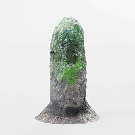 Photo-realistic 3D moss covered monolith stone on white backdrop, ideal for Blender scenes.