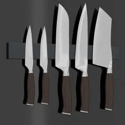 Detailed 3D model of kitchen knives on magnetic holder, suitable for Blender rendering and CGI.