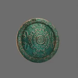 Realistic 3D model render of a weathered bronze Greek Hoplon shield for Blender software.