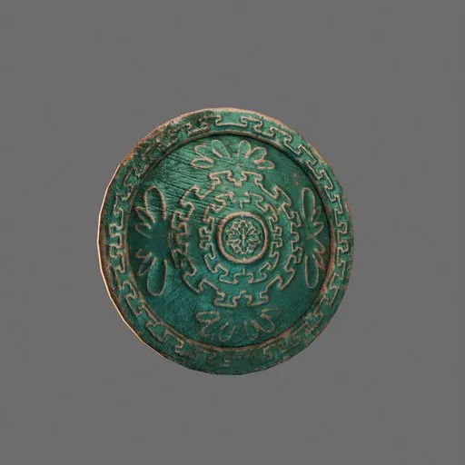 Realistic 3D model render of a weathered bronze Greek Hoplon shield for Blender software.