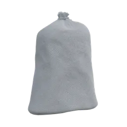 "Grey cotton-textured sack with 1K textures for Blender 3D architecture category. High quality 3D model of a food bag sitting on a table, including dust mask and hoodie."