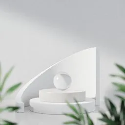 Minimalist 3D-rendered podium with spherical element and foliage for creative product display.