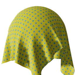 High-resolution PBR yellow fabric with blue polka dots texture for 3D Blender materials library.