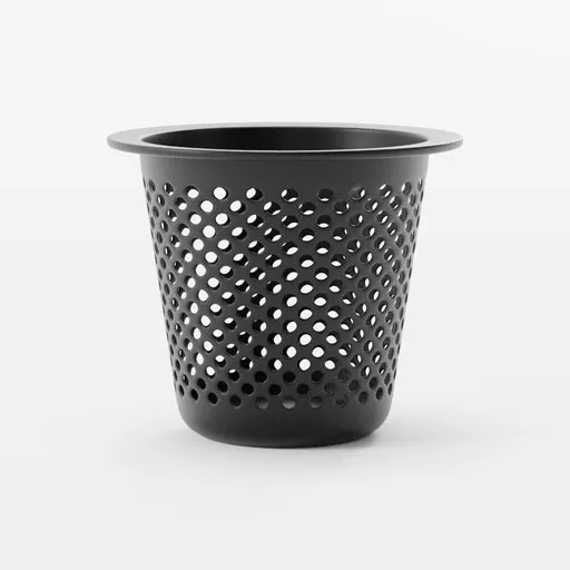 Detailed 3D rendering of a black perforated waste basket suitable for Blender modeling.