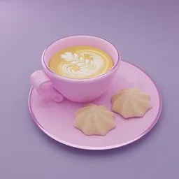 "3D model of a pink coffee cup and cookies on a plate, rendered in redshift and created in Blender 3D. Trending on ImageStation and styled after Wes Anderson, this artistic render by Armin Baumgarten features AI-generated elements for a unique touch."