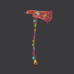 Detailed 3D model of a decorated fire axe with a colorful star pattern and simulated blood splatter, compatible with Blender.