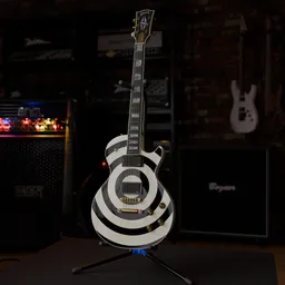 Detailed 3D render of a black and white bullseye electric guitar on a stand, optimized for Blender 3D projects.