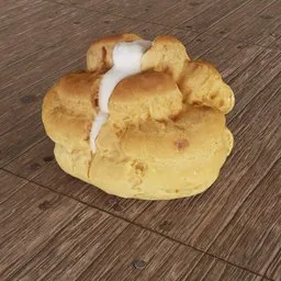 Realistic 3D model of a cream bun with detailed textures for Blender rendering.